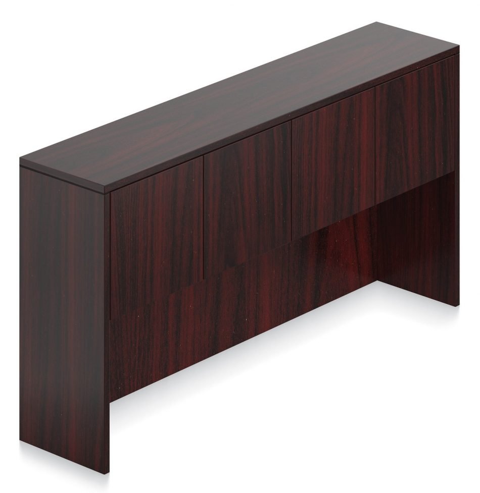 Orthographic view of an Offices to Go 71 inch overhead hutch, with 2-door cabinet storage. It has an American Mahogany finish.