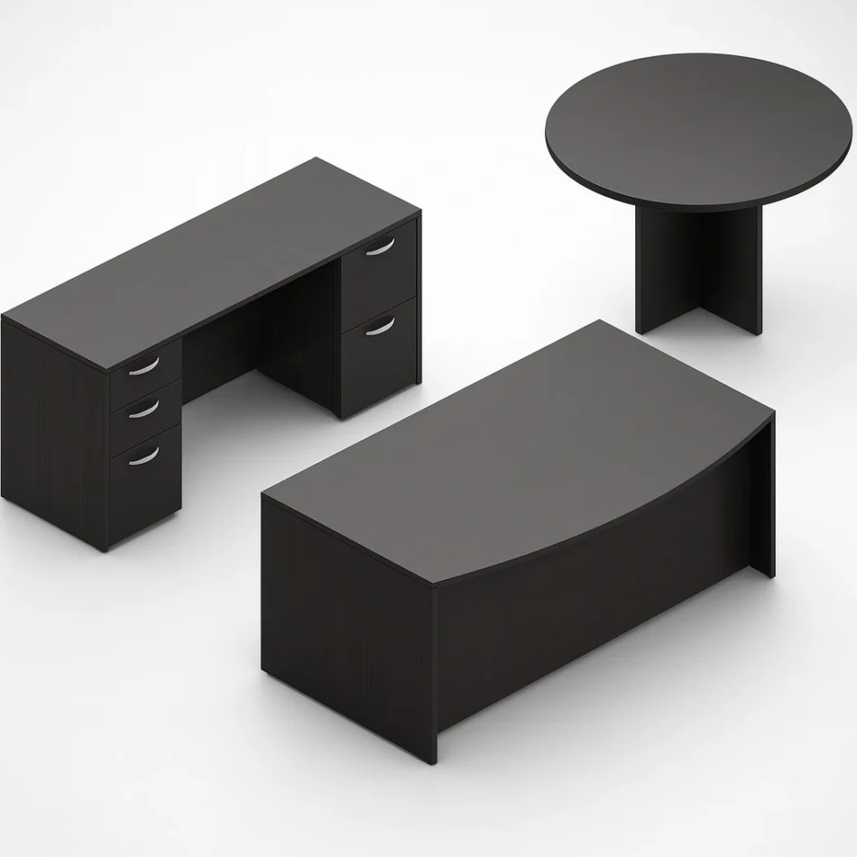 (Set) Laminate Executive Desk And Credenza With 48" Round Table