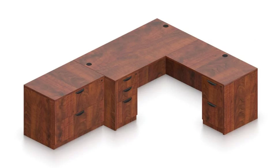 Orthographic view of an Offices to Go set of desks and surfaces, using Layout N. This layout consists of a 66" rectangular desk shell, with a reversible 42" return shell at the corner. At the sides are a two and three drawer set of pedestal drawers. A two drawer lateral file storage piece juts up against one side. This layout is shown here in an American Dark Cherry finish.