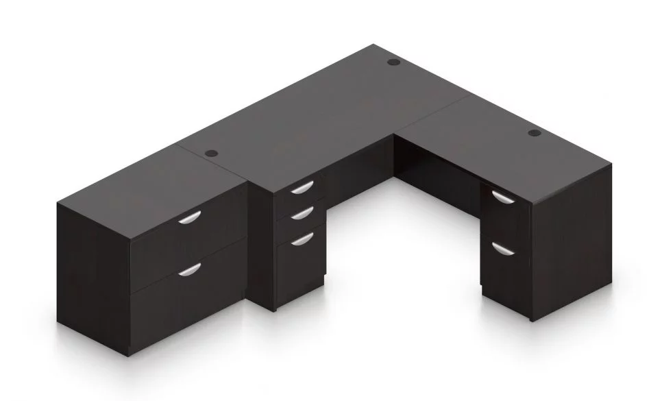 Orthographic view of an Offices to Go set of desks and surfaces, using Layout N. This layout consists of a 66" rectangular desk shell, with a reversible 42" return shell at the corner. At the sides are a two and three drawer set of pedestal drawers. A two drawer lateral file storage piece juts up against one side. This layout is shown here in an American Espresso finish.