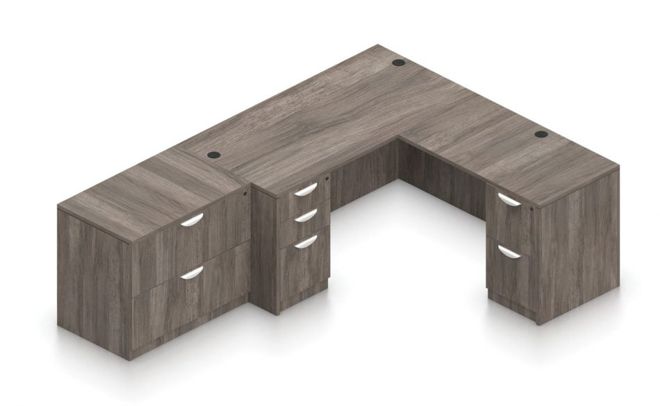 Orthographic view of an Offices to Go set of desks and surfaces, using Layout N. This layout consists of a 66" rectangular desk shell, with a reversible 42" return shell at the corner. At the sides are a two and three drawer set of pedestal drawers. A two drawer lateral file storage piece juts up against one side. This layout is shown here in an Artisan Grey finish.