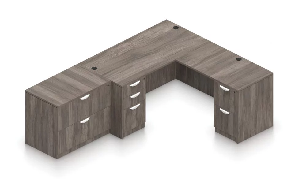 Orthographic view of an Offices to Go set of desks and surfaces, using Layout N. This layout consists of a 66" rectangular desk shell, with a reversible 42" return shell at the corner. At the sides are a two and three drawer set of pedestal drawers. A two drawer lateral file storage piece juts up against one side. This layout is shown here in an Artisan Grey finish.