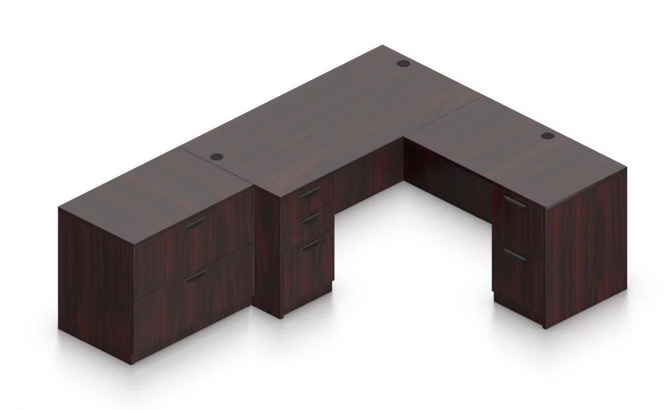 Orthographic view of an Offices to Go set of desks and surfaces, using Layout N. This layout consists of a 66" rectangular desk shell, with a reversible 42" return shell at the corner. At the sides are a two and three drawer set of pedestal drawers. A two drawer lateral file storage piece juts up against one side. This layout is shown here in an American Mahogany finish.