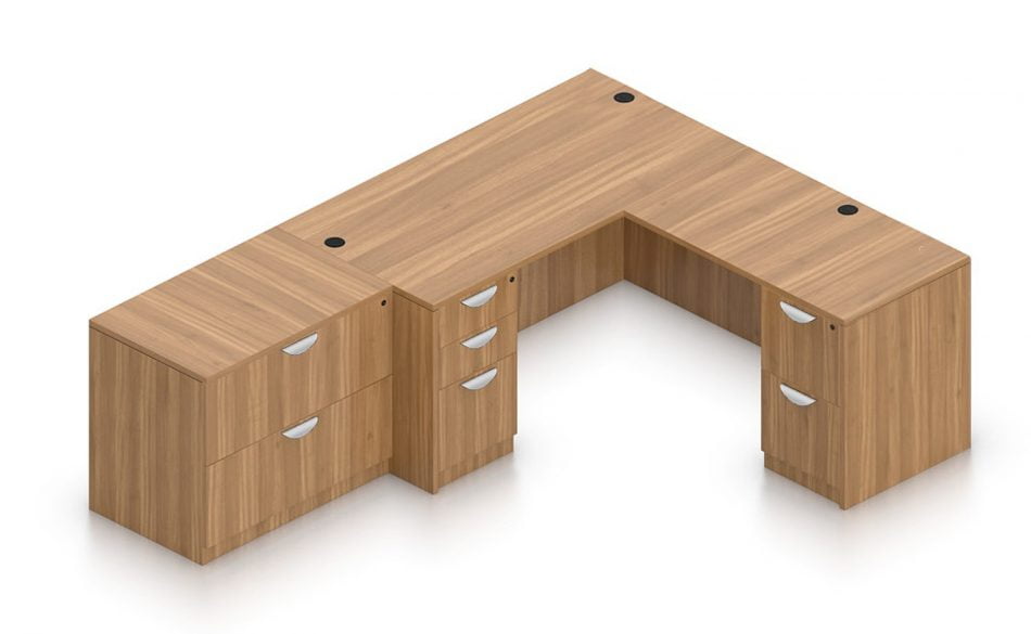 Orthographic view of an Offices to Go set of desks and surfaces, using Layout N. This layout consists of a 66" rectangular desk shell, with a reversible 42" return shell at the corner. At the sides are a two and three drawer set of pedestal drawers. A two drawer lateral file storage piece juts up against one side. This layout is shown here in an Autumn Walnut finish.