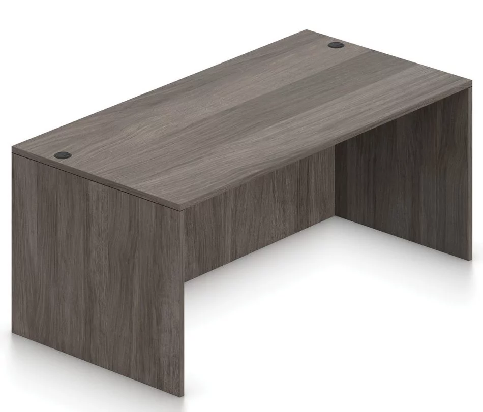 Orthographic view of an Offices to Go 71 inch rectangular desk shell. It has an Artisan Grey laminate finish.
