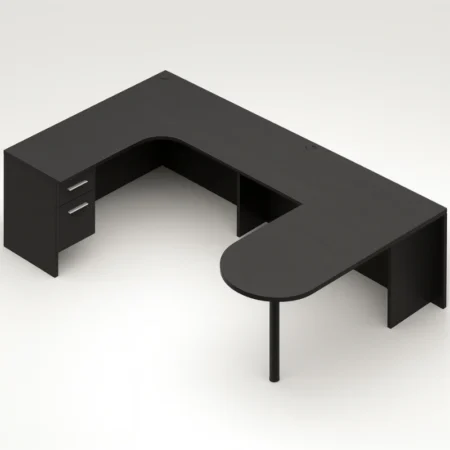 (Set) Laminate "D" Island Desk With T-Base And Left Corner Credenza Extension