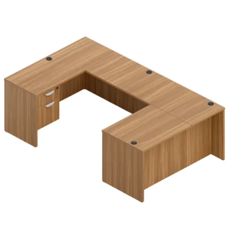 (Set) Laminate U-Shaped Rectangular Desk And Right Corner Credenza With Hanging Box File Pedestals
