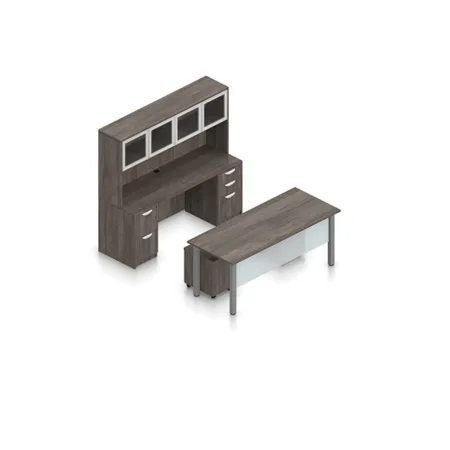 (Set) 71" Laminate Table with Credenza, Overhead Hutch with Glazed Acrylic Doors