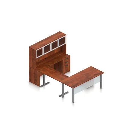 (Set) 71" Laminate L-Shaped Desking with Credenza and Overhead Hutch, Height Adjustable Work Area with Included Pedestal Drawers