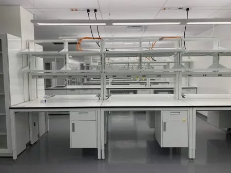 stainelss and white benches and storage