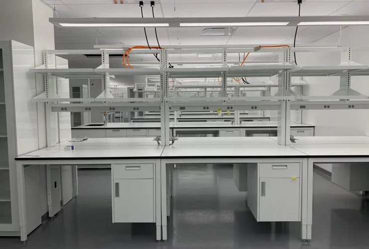 stainelss and white benches and storage