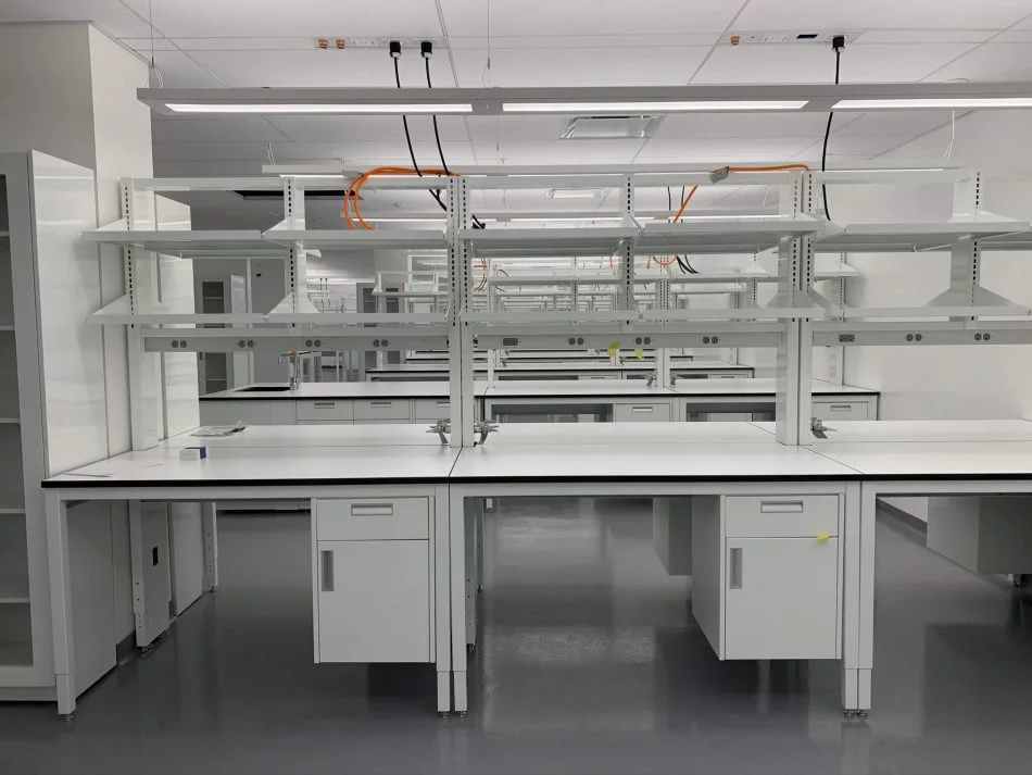 stainelss and white benches and storage