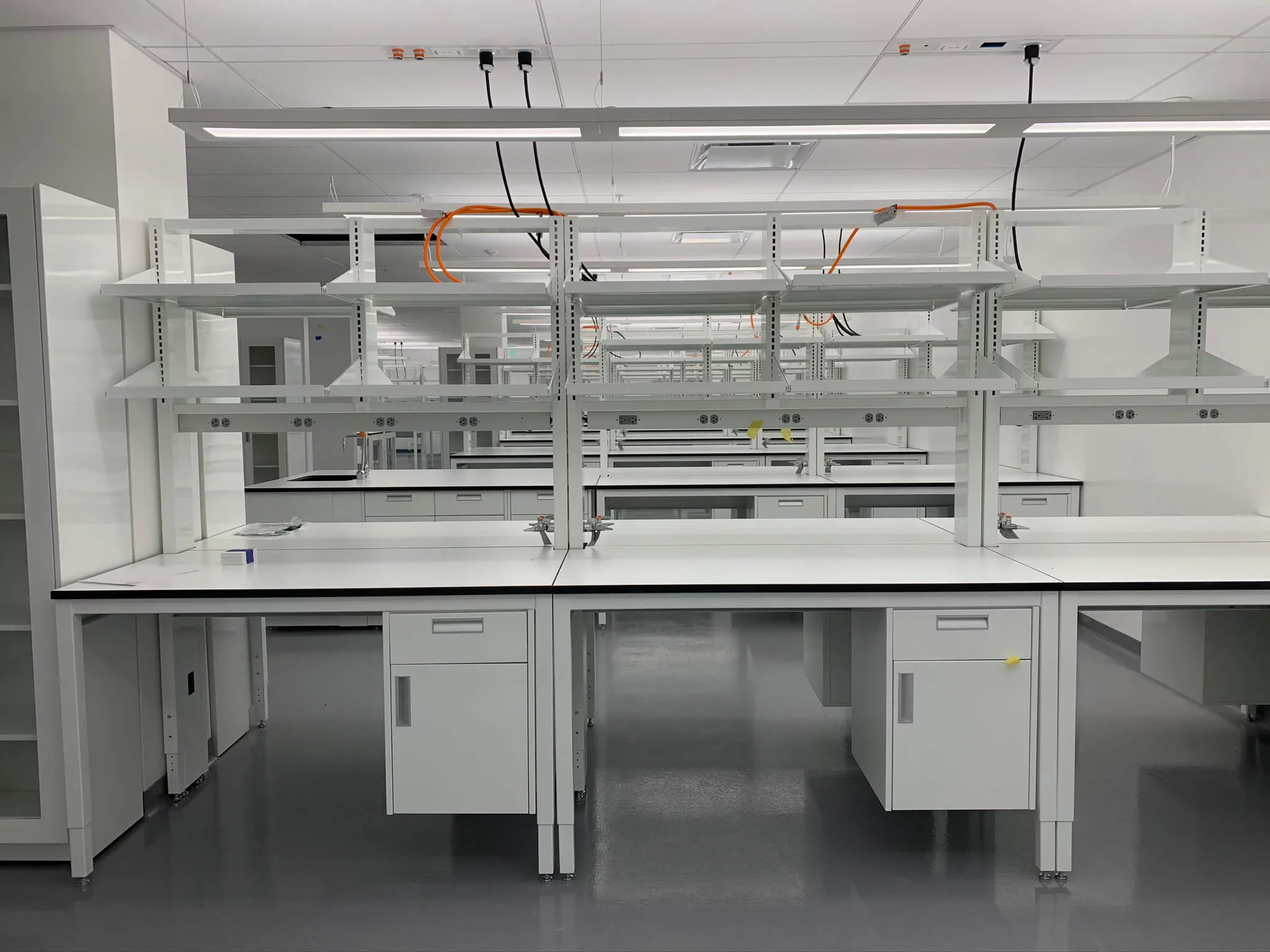 stainelss and white benches and storage
