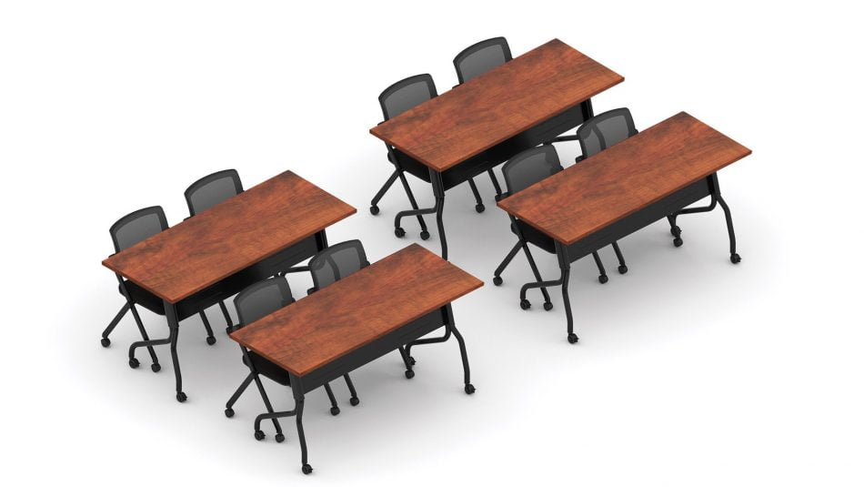 Orthographic view of an Offices to Go training table and nesting chair set, using Layout 10. This set consists of four 60" wide flip top training tables arranged two by two. Each table has a black finished base with caster wheels. At each table are two black nesting chairs with casters. The table has an American Dark Cherry laminate finish.