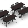 Orthographic view of an Offices to Go training table and nesting chair set, using Layout 10. This set consists of four 60" wide flip top training tables arranged two by two. Each table has a black finished base with caster wheels. At each table are two black nesting chairs with casters. The table has an American Espresso laminate finish.