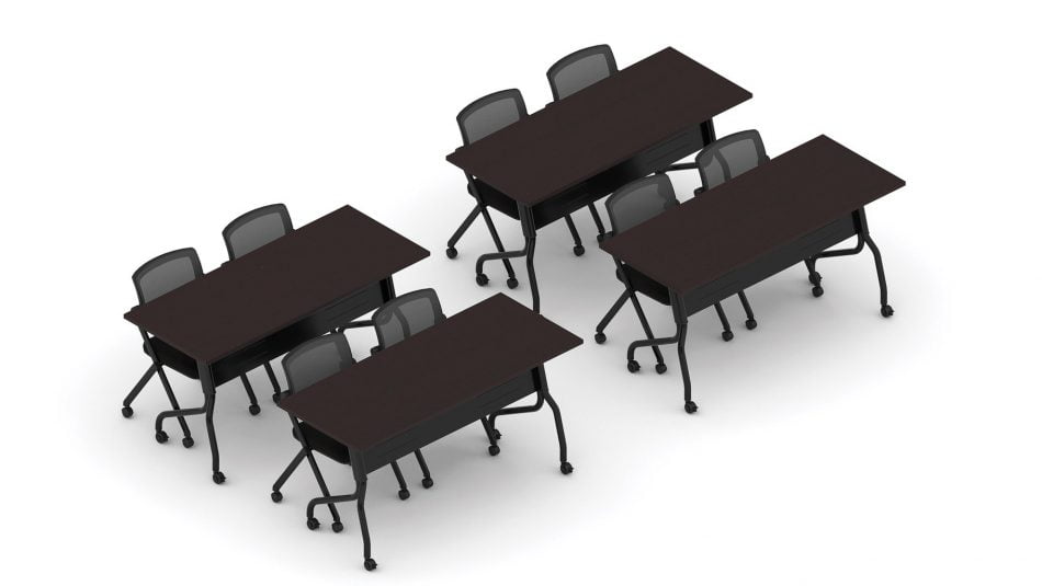 Orthographic view of an Offices to Go training table and nesting chair set, using Layout 10. This set consists of four 60" wide flip top training tables arranged two by two. Each table has a black finished base with caster wheels. At each table are two black nesting chairs with casters. The table has an American Espresso laminate finish.