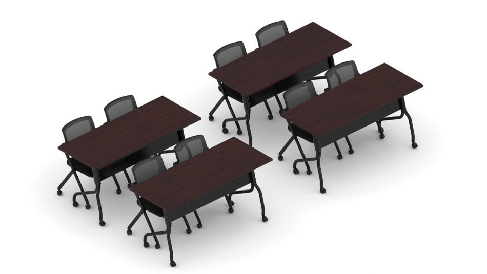 Orthographic view of an Offices to Go training table and nesting chair set, using Layout 10. This set consists of four 60" wide flip top training tables arranged two by two. Each table has a black finished base with caster wheels. At each table are two black nesting chairs with casters. The table has an American Mahogany laminate finish.