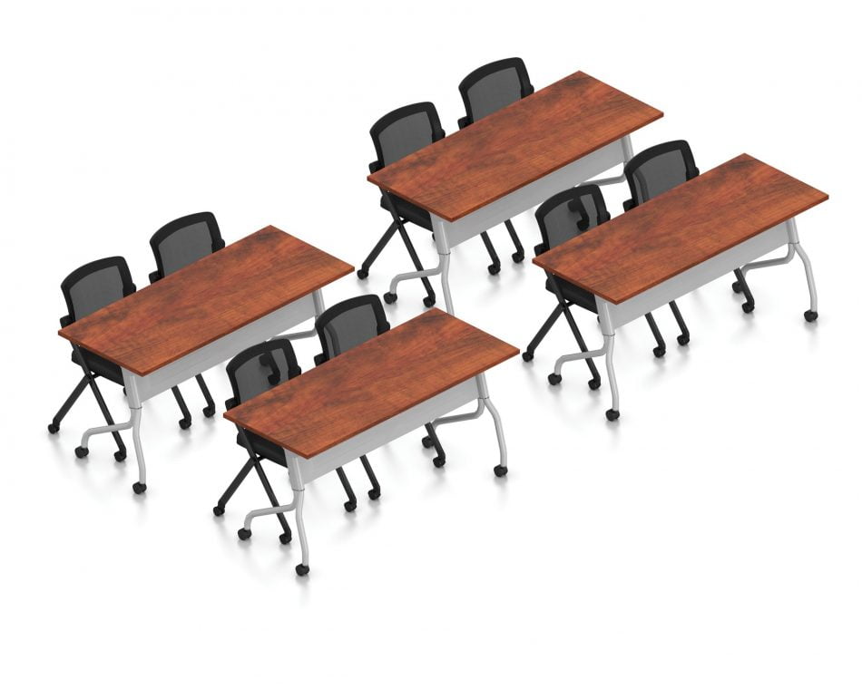 Orthographic view of an Offices to Go training table and nesting chair set, using Layout 10. This set consists of four 60" wide flip top training tables arranged two by two. Each table has a tungsten finished base with caster wheels. At each table are two black nesting chairs with casters. The table has an American Dark Cherry laminate finish.