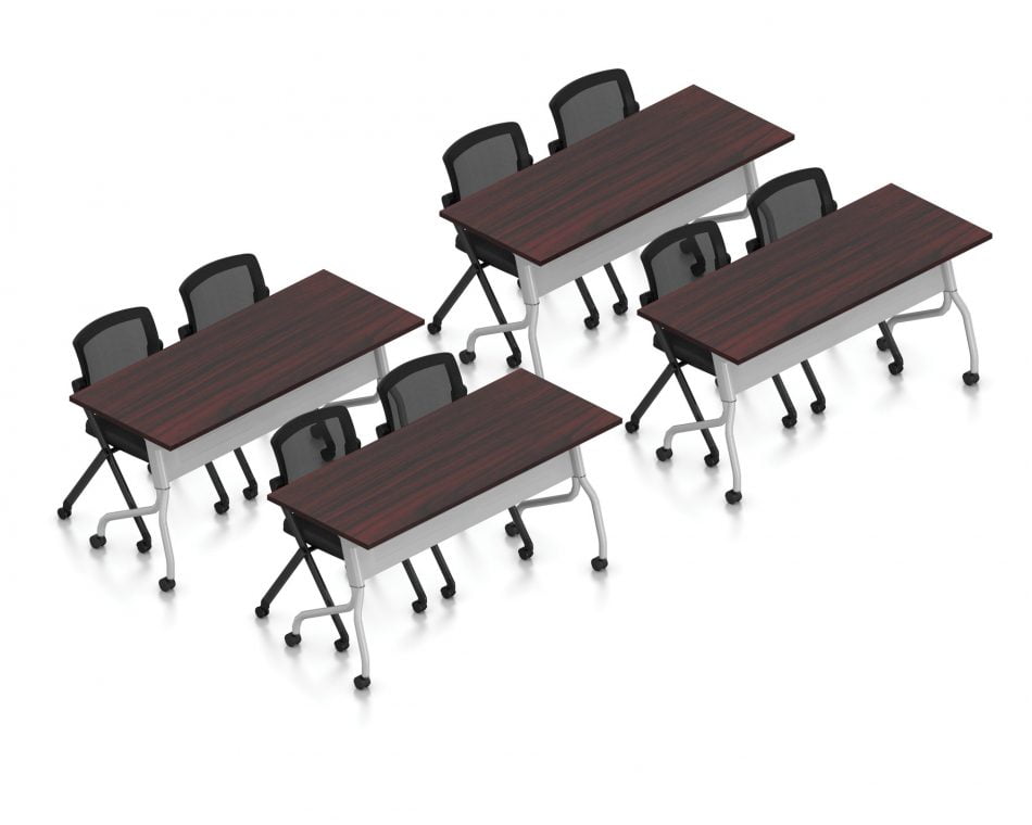 Orthographic view of an Offices to Go training table and nesting chair set, using Layout 10. This set consists of four 60" wide flip top training tables arranged two by two. Each table has a tungsten finished base with caster wheels. At each table are two black nesting chairs with casters. The table has an American Mahogany laminate finish.