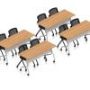Orthographic view of an Offices to Go training table and nesting chair set, using Layout 10. This set consists of four 60" wide flip top training tables arranged two by two. Each table has a tungsten finished base with caster wheels. At each table are two black nesting chairs with casters. The table has an Autumn Walnut laminate finish.