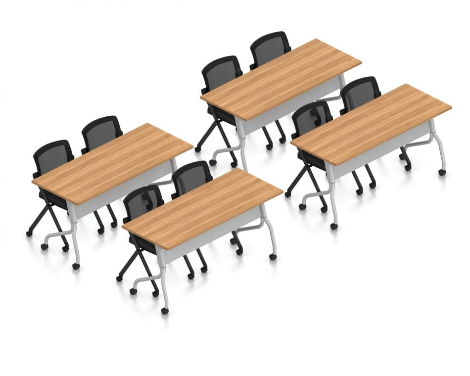Orthographic view of an Offices to Go training table and nesting chair set, using Layout 10. This set consists of four 60" wide flip top training tables arranged two by two. Each table has a tungsten finished base with caster wheels. At each table are two black nesting chairs with casters. The table has an Autumn Walnut laminate finish.