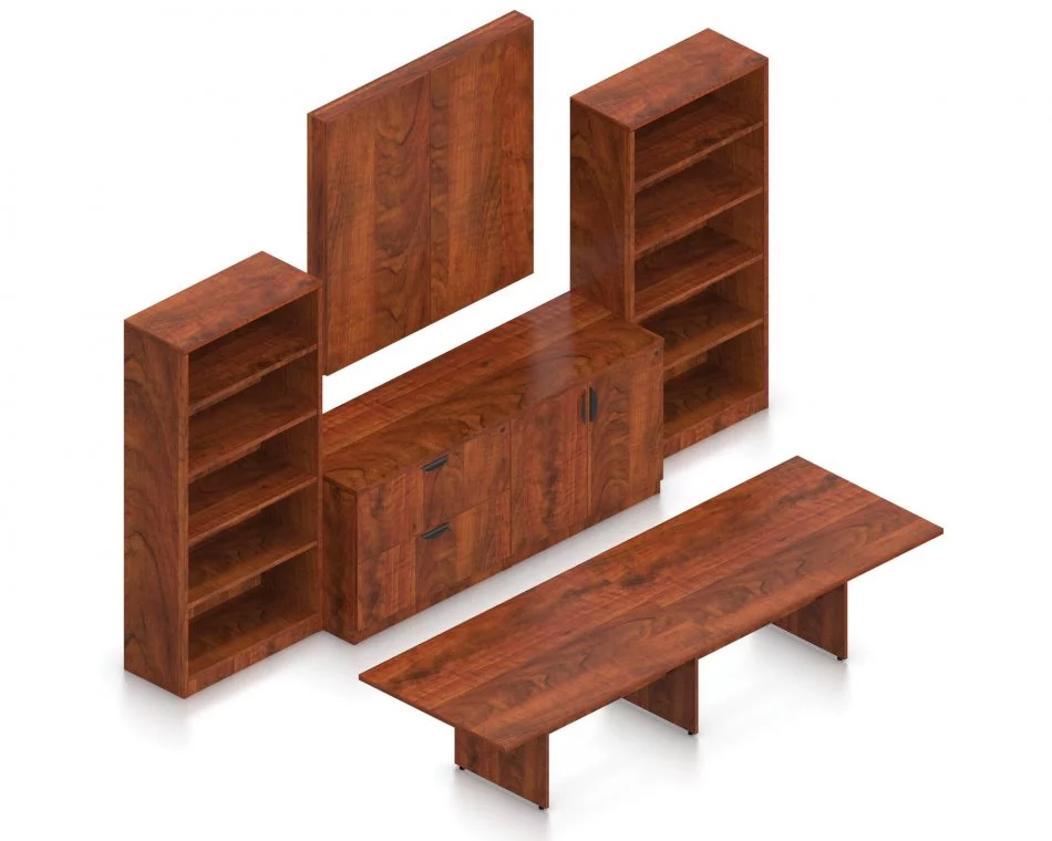 Orthographic view of an Offices to Go conference room set, using Layout 11. A 144" rectangular conference table is placed in front of a 48 inch square presentation board, with the double doors positioned shut. Underneath the board is a double lateral file drawer set, with a 2-door storage cabinet placed next to it. These items are placed between two 71 inch tall bookcases. All surfaces use an American Dark Cherry laminate finish.