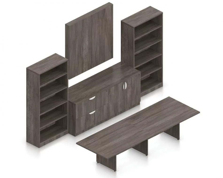 Orthographic view of an Offices to Go conference room set, using Layout 11. A 144" rectangular conference table is placed in front of a 48 inch square presentation board, with the double doors positioned shut. Underneath the board is a double lateral file drawer set, with a 2-door storage cabinet placed next to it. These items are placed between two 71 inch tall bookcases. All surfaces use an Artisan Grey laminate finish.