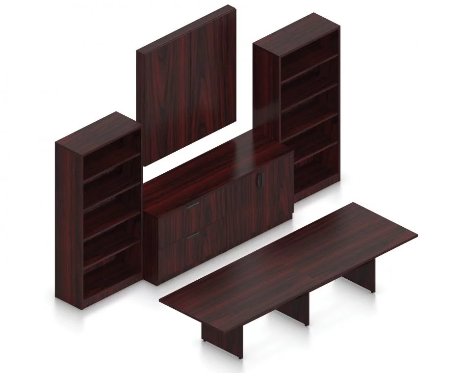 Orthographic view of an Offices to Go conference room set, using Layout 11. A 144" rectangular conference table is placed in front of a 48 inch square presentation board, with the double doors positioned shut. Underneath the board is a double lateral file drawer set, with a 2-door storage cabinet placed next to it. These items are placed between two 71 inch tall bookcases. All surfaces use an American Mahogany laminate finish.