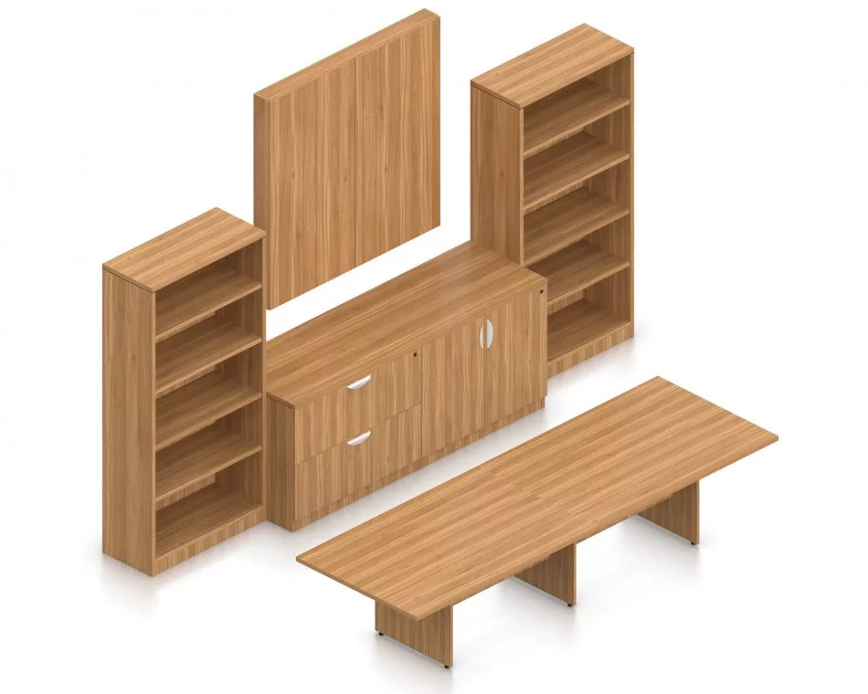 Orthographic view of an Offices to Go conference room set, using Layout 11. A 144" rectangular conference table is placed in front of a 48 inch square presentation board, with the double doors positioned shut. Underneath the board is a double lateral file drawer set, with a 2-door storage cabinet placed next to it. These items are placed between two 71 inch tall bookcases. All surfaces use an Autumn Walnut laminate finish.