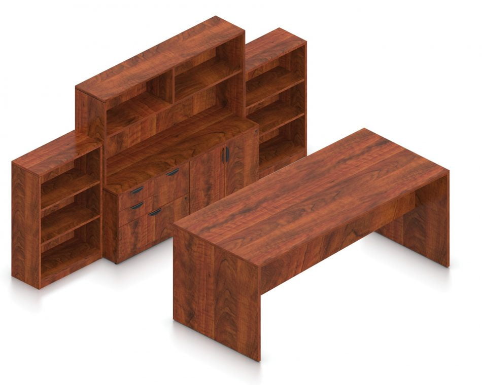 Orthographic view of an Offices to Go conference room set, using Layout 12. A 96" collaboration table is placed in front of a 36 inch wide mixed storage unit. A 48" high book case is placed at each side. A 71" hutch is placed atop the mixed storage unit, providing additional open shelving. All surfaces use an American Dark Cherry laminate finish.