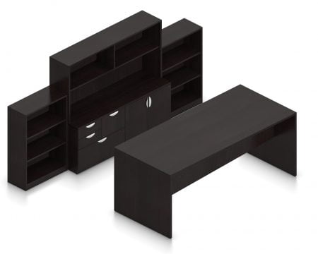 Orthographic view of an Offices to Go conference room set, using Layout 12. A 96" collaboration table is placed in front of a 36 inch wide mixed storage unit. A 48" high book case is placed at each side. A 71" hutch is placed atop the mixed storage unit, providing additional open shelving. All surfaces use an American Espresso laminate finish.