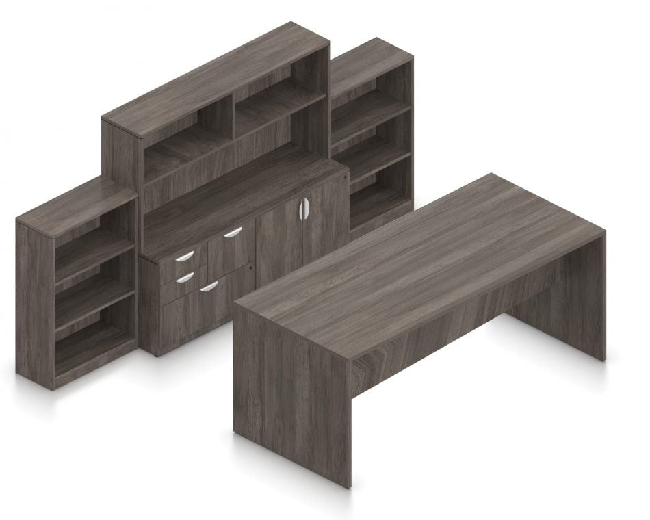 Orthographic view of an Offices to Go conference room set, using Layout 12. A 96" collaboration table is placed in front of a 36 inch wide mixed storage unit. A 48" high book case is placed at each side. A 71" hutch is placed atop the mixed storage unit, providing additional open shelving. All surfaces use an Artisan Grey laminate finish.