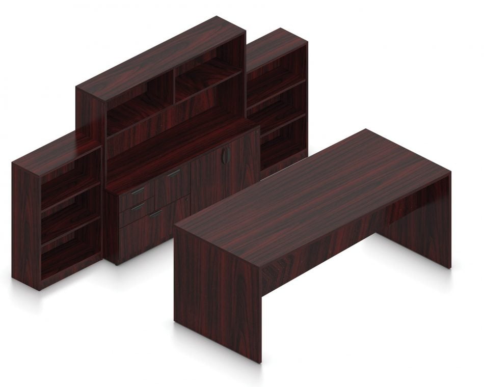 Orthographic view of an Offices to Go conference room set, using Layout 12. A 96" collaboration table is placed in front of a 36 inch wide mixed storage unit. A 48" high book case is placed at each side. A 71" hutch is placed atop the mixed storage unit, providing additional open shelving. All surfaces use an American Mahogany laminate finish.