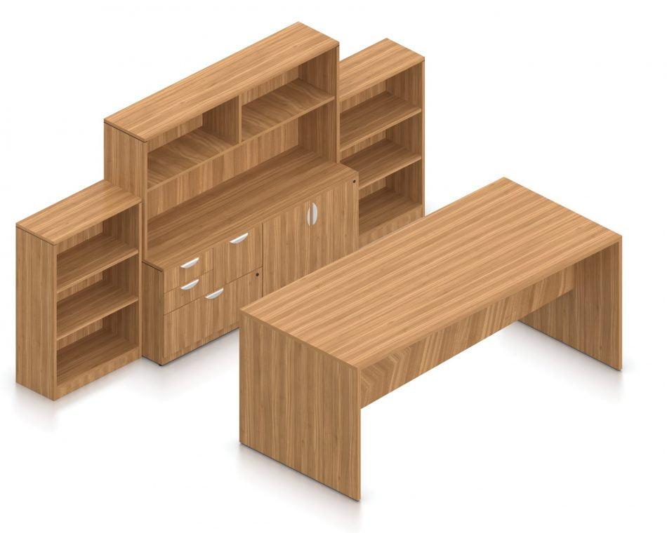 Orthographic view of an Offices to Go conference room set, using Layout 12. A 96" collaboration table is placed in front of a 36 inch wide mixed storage unit. A 48" high book case is placed at each side. A 71" hutch is placed atop the mixed storage unit, providing additional open shelving. All surfaces use an Autumn Walnut laminate finish.