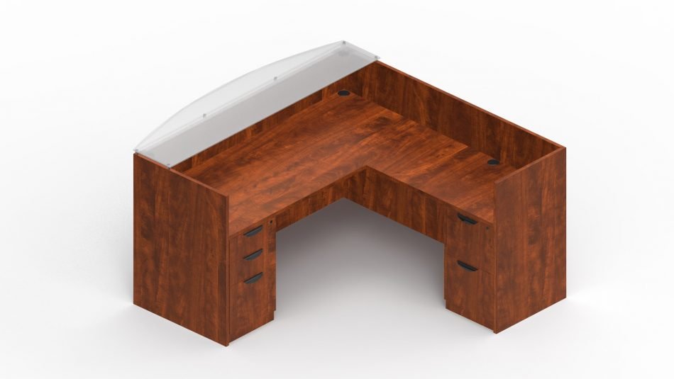 Orthographic view of an Offices-to-Go reception desk set, using Layout 13. This set consists of a 71 inch receptionist style desk shell, with a 42 inch reversible reception return. At each side is a hanging file cabinet (one with two drawers, and the other set with a set of 3 smaller drawers). The front of the desk has a frosted glass transaction top. This layout is shown in an American Dark Cherry finish.