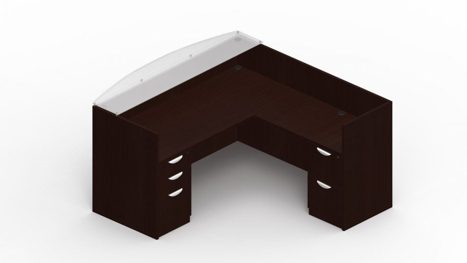 Orthographic view of an Offices-to-Go reception desk set, using Layout 13. This set consists of a 71 inch receptionist style desk shell, with a 42 inch reversible reception return. At each side is a hanging file cabinet (one with two drawers, and the other set with a set of 3 smaller drawers). The front of the desk has a frosted glass transaction top. This layout is shown in an American Espresso finish.