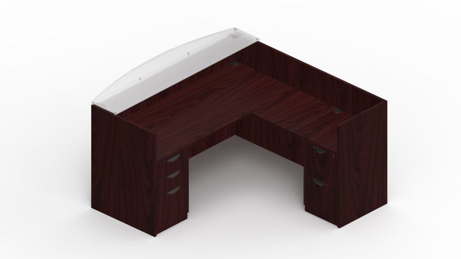 Orthographic view of an Offices-to-Go reception desk set, using Layout 13. This set consists of a 71 inch receptionist style desk shell, with a 42 inch reversible reception return. At each side is a hanging file cabinet (one with two drawers, and the other set with a set of 3 smaller drawers). The front of the desk has a frosted glass transaction top. This layout is shown in an American Mahogany finish.