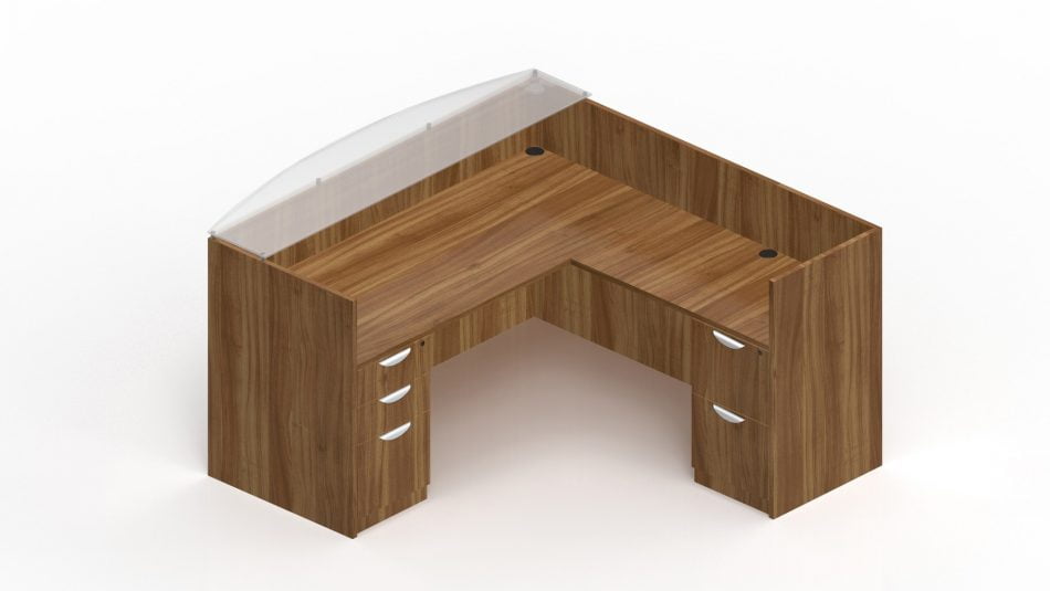 Orthographic view of an Offices-to-Go reception desk set, using Layout 13. This set consists of a 71 inch receptionist style desk shell, with a 42 inch reversible reception return. At each side is a hanging file cabinet (one with two drawers, and the other set with a set of 3 smaller drawers). The front of the desk has a frosted glass transaction top. This layout is shown in an Autumn Walnut finish.