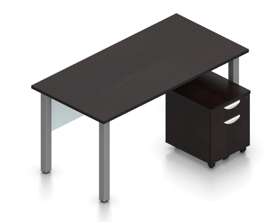 Orthographic view of an Offices to Go set of desks and surfaces, using Layout 1. A 60" wide metal table has an acrylic privacy panel underneath, at the front. A set of pedestal drawers has been rolled under the desk. This layout is shown here in an American Espresso finish, with tungsten finished metal legs.