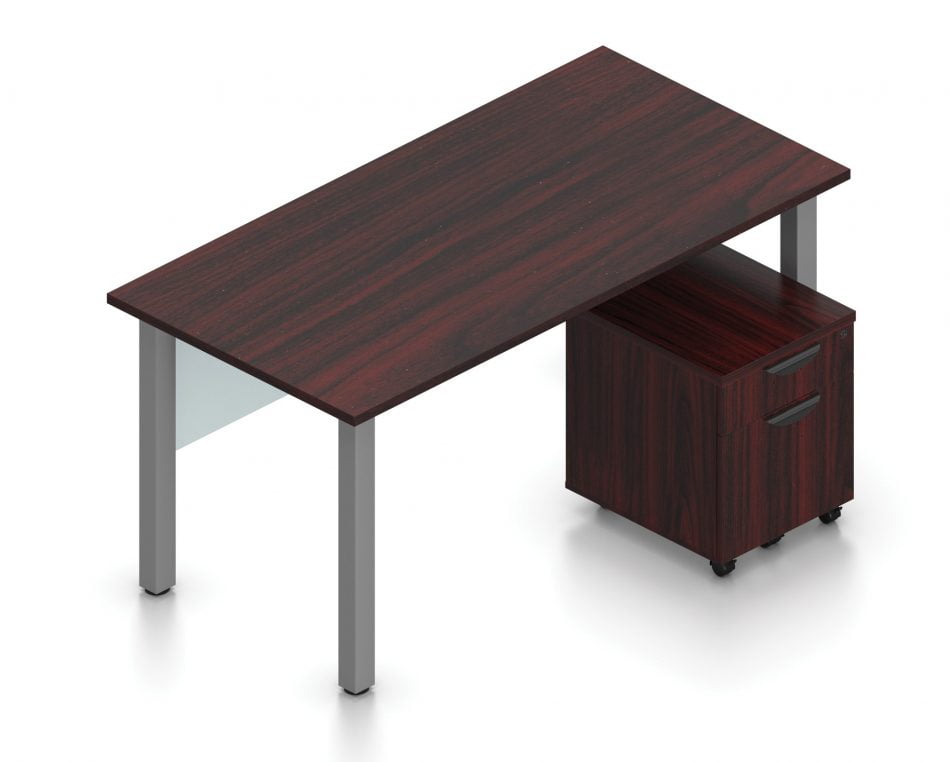 Orthographic view of an Offices to Go set of desks and surfaces, using Layout 1. A 60" wide metal table has an acrylic privacy panel underneath, at the front. A set of pedestal drawers has been rolled under the desk. This layout is shown here in an American Mahogany finish, with tungsten finished metal legs.