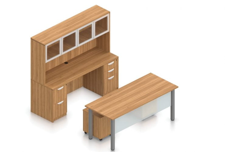 Orthographic view of an Offices to Go desk and table set, using Layout 2. This set consists of a 71