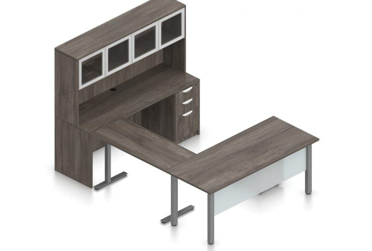 Orthographic view of an Offices to Go desk and table set, using Layout 3. This set consists of a 71