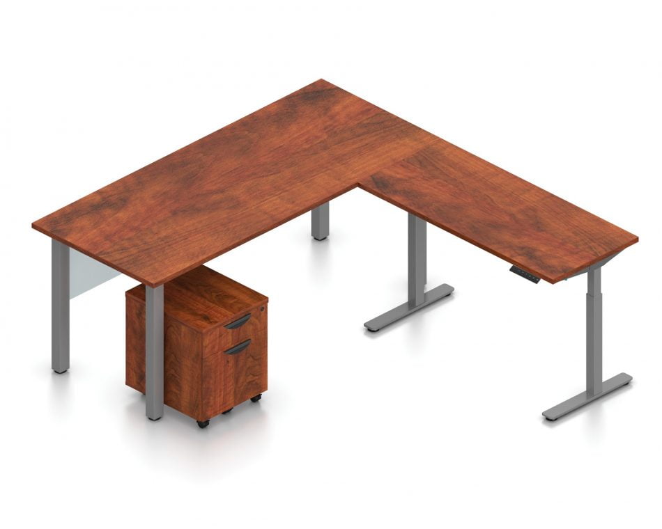 Orthographic view of an Offices to Go desk and table set, using Layout 4. This L-shaped desking consists of a 71" wide metal table with a 48" height adjustable table attached at a 90 degree angle. A rolling file pedestal is under the table, consisting of 2 drawers with a top lock. An acrylic privacy panel is mounted at the front of (underneath) the table. This layout is shown with the American Dark Cherry laminate finish.