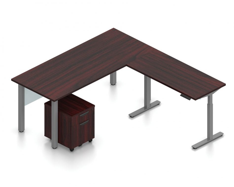 Orthographic view of an Offices to Go desk and table set, using Layout 4. This L-shaped desking consists of a 71" wide metal table with a 48" height adjustable table attached at a 90 degree angle. A rolling file pedestal is under the table, consisting of 2 drawers with a top lock. An acrylic privacy panel is mounted at the front of (underneath) the table. This layout is shown with the American Mahogany laminate finish.