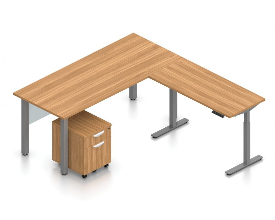 Orthographic view of an Offices to Go desk and table set, using Layout 4. This L-shaped desking consists of a 71" wide metal table with a 48" height adjustable table attached at a 90 degree angle. A rolling file pedestal is under the table, consisting of 2 drawers with a top lock. An acrylic privacy panel is mounted at the front of (underneath) the table. This layout is shown with the Autumn Walnut laminate finish.