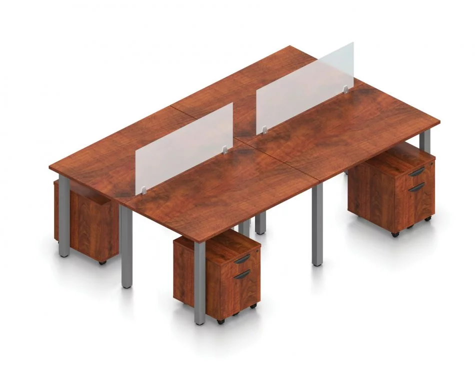 Orthographic view of an Offices to Go set of tables, using Layout 5. Four 48" wide metal tables are formed, with an acrylic screen dividing facing workstations. A set of pedestal drawers has been rolled under each desk. This layout is shown here in an American Dark Cherry finish, with tungsten finished metal legs.