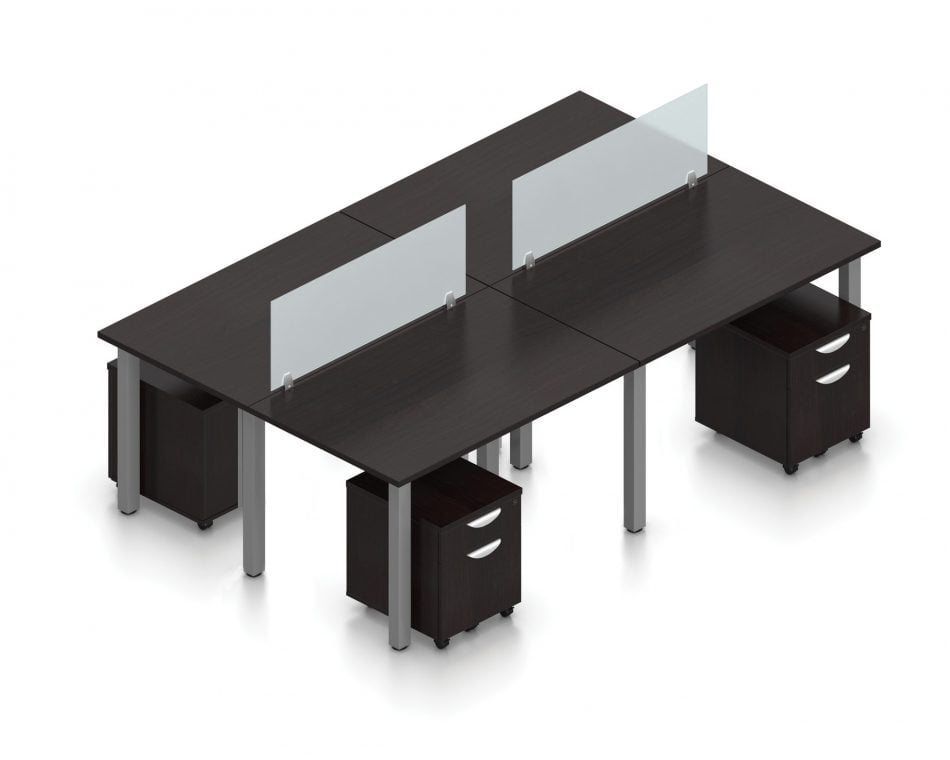 Orthographic view of an Offices to Go set of tables, using Layout 5. Four 48" wide metal tables are formed, with an acrylic screen dividing facing workstations. A set of pedestal drawers has been rolled under each desk. This layout is shown here in an American Espresso finish, with tungsten finished metal legs.