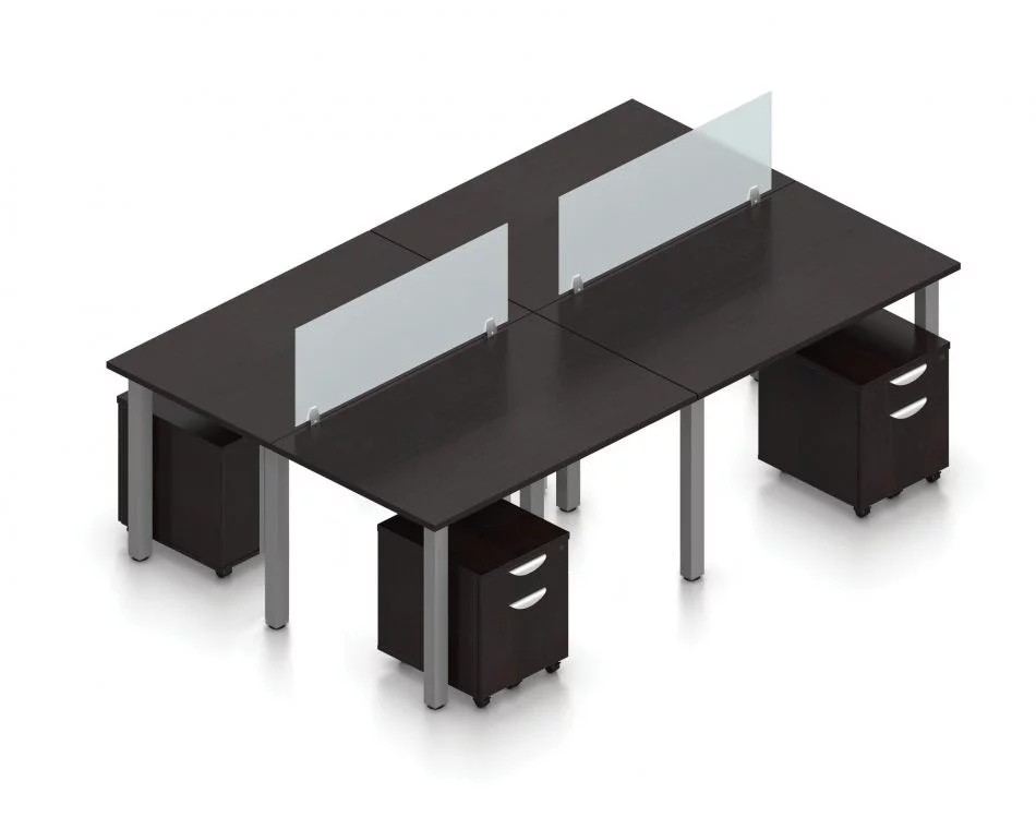 Orthographic view of an Offices to Go set of tables, using Layout 5. Four 48" wide metal tables are formed, with an acrylic screen dividing facing workstations. A set of pedestal drawers has been rolled under each desk. This layout is shown here in an American Espresso finish, with tungsten finished metal legs.