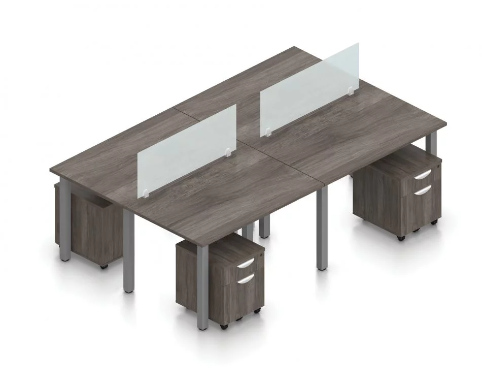 Orthographic view of an Offices to Go set of tables, using Layout 5. Four 48" wide metal tables are formed, with an acrylic screen dividing facing workstations. A set of pedestal drawers has been rolled under each desk. This layout is shown here in an Artisan Grey finish, with tungsten finished metal legs.