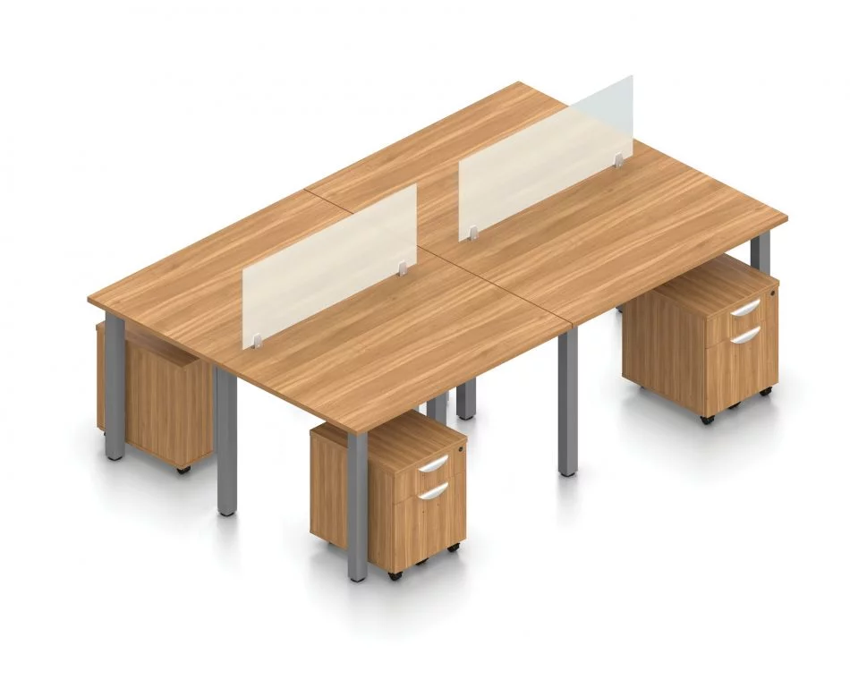 Orthographic view of an Offices to Go set of tables, using Layout 5. Four 48" wide metal tables are formed, with an acrylic screen dividing facing workstations. A set of pedestal drawers has been rolled under each desk. This layout is shown here in an Autumn Walnut finish, with tungsten finished metal legs.